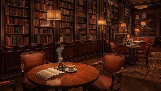 Cozy vintage library interior with steaming coffee, open book, reader studying