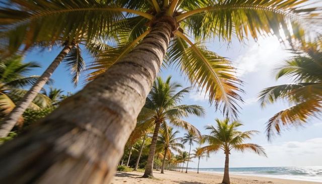 Leaning coconut palm trunk framing sunlit tropical beach with swaying fronds and ocean