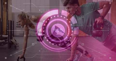 Couple performing kettlebell plank rows with magenta hud overlay in modern gym training