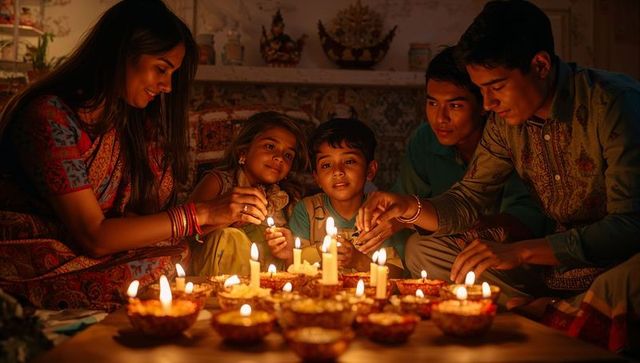 Family Celebrating Festival with Candle Lighting at Home