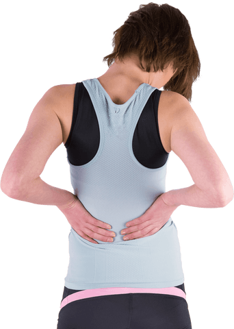 Transparent woman holding back revealing pain and discomfort