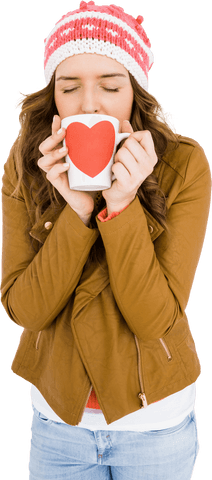 Transparent Image of Woman in Winter Wear Enjoying Coffee