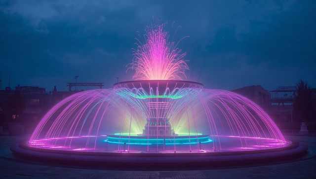 Vibrant Neon Fountain Display in Urban Nightscape
