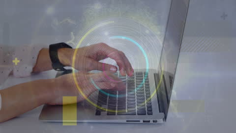 Hands Typing on Laptop with Futuristic Digital Interface