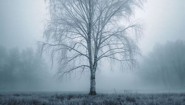Standing solitary birch in frosty mist at dawn, minimalist winter landscape