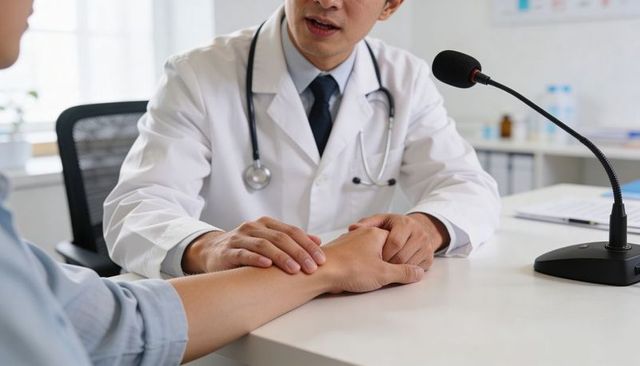 Doctor holding patient wrist during clinic consultation while speaking into microphone