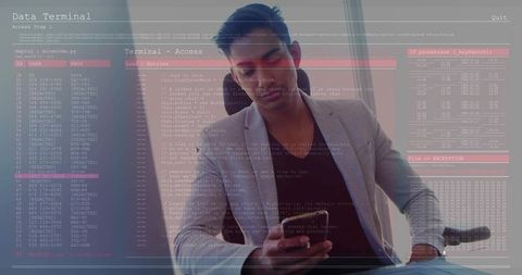 Man Analyzing Smartphone Surrounded by Digital Code Interface
