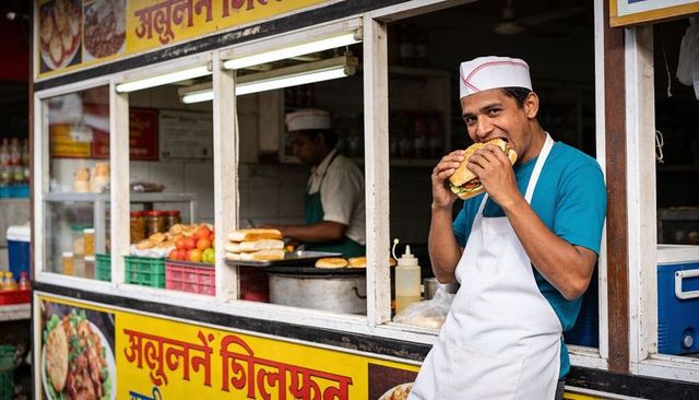 Smiling vendor eating burger at colorful indian street food cart with griddle