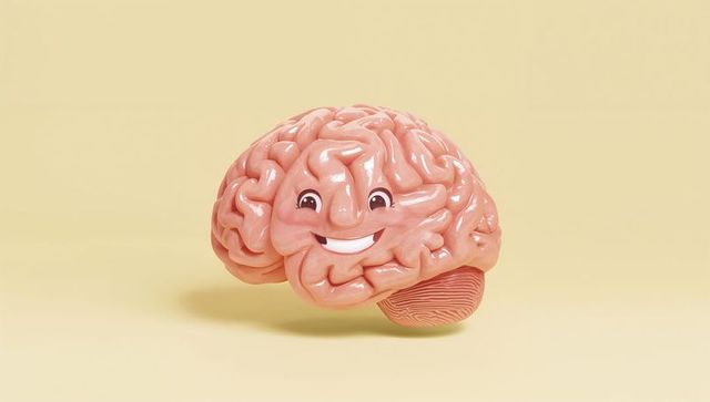 Cheerful 3d cartoon brain with smiley face on yellow background