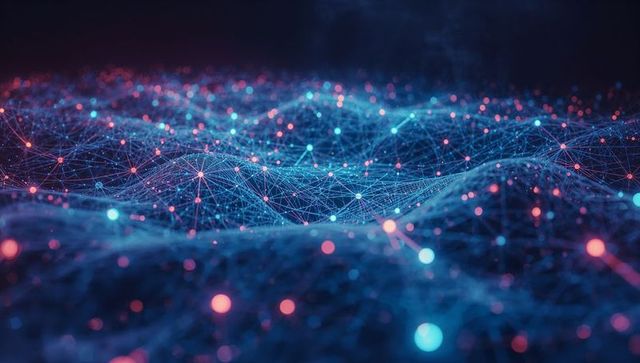 Futuristic Digital Network with Glowing Nodes in Vast Dark Space