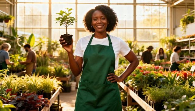 Smiling green apron nursery worker holding seedling root ball in sunlit greenhouse