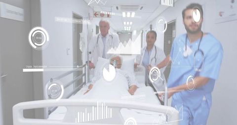 Medical team wheeling emergency patient on gurney with live digital health hud overlay