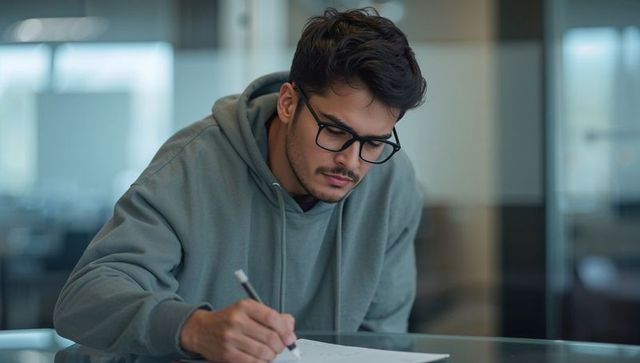 Focused young man writing notes at glass desk wearing hoodie and glasses in modern office