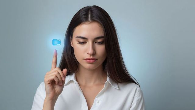 Young woman touching virtual chat icon with fingertip, futuristic holographic interface