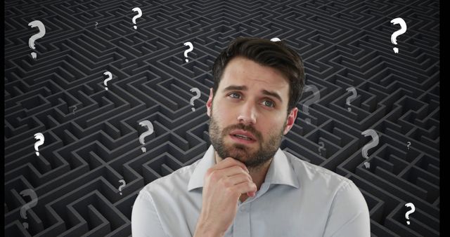 Image of confused caucasian man and white question marks moving over grey maze. Decisions, confusion, education and learning, digitally generated image.