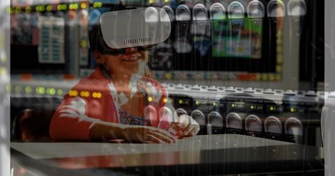 Young Girl Experiencing VR Technology in Classroom Setting