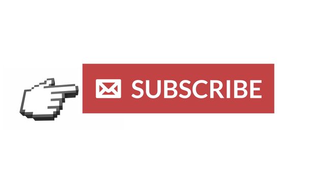 Elements like this can be used in web design for subscription forms and digital marketing campaigns to encourage email sign-ups. The red 'SUBSCRIBE' button with an envelope icon and a pixelated hand pointer emphasizes call to action, making it ideal for website interfaces, newsletters, and other subscriber engagement materials. Perfect for enhancing web user interface and user engagement strategies.