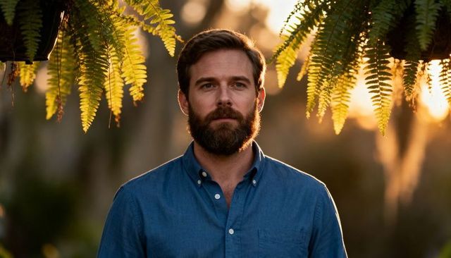 Bearded man standing among hanging ferns at golden hour, backlit garden portrait