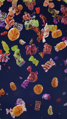 Looping Vertical Video of Colorful Wrapped Candies Drifting Down for Festive Ads