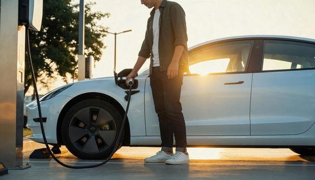 Young man charging white electric sedan at urban station during golden hour