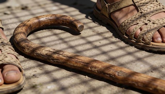 Sunlit worn wooden walking cane crook with woven sandals and slatted shadows