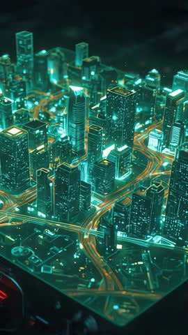 Rotating Holographic Smart City Model Displaying Real-Time Data Flow and Traffic Visualization