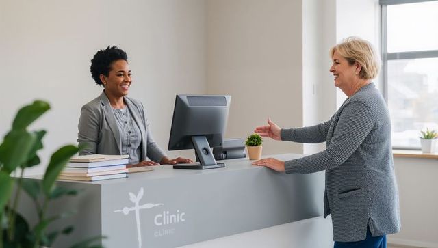 Smiling receptionist welcoming patient with handshake at modern clinic reception