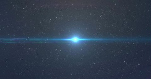 Emitting blue stellar burst with wide lens flare across deep space starfield horizon glow