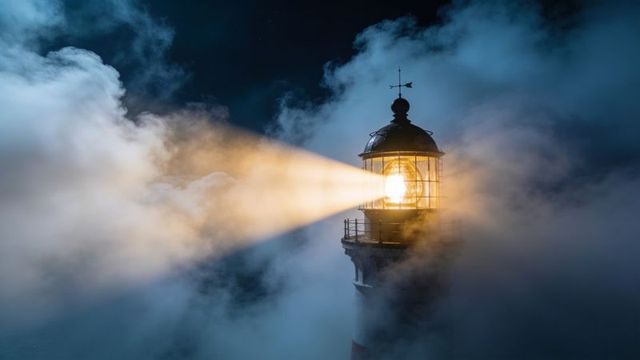 Shining lighthouse beacon cutting through dense fog at coastal night with golden beam