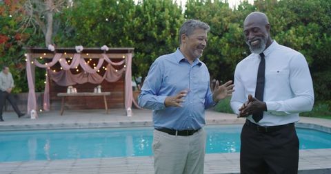 Seniors Celebrating at Backyard Wedding by Poolside