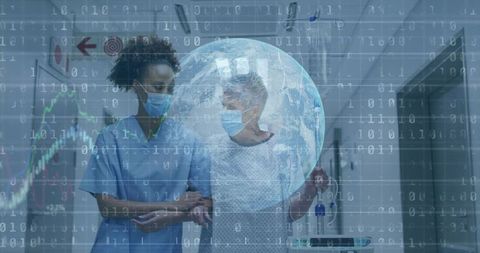 Nurse Assisting Patient in Hospital Hallway with Data Overlay