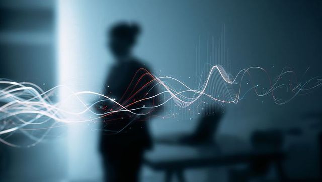 Blurred office silhouette with futuristic waveform data stream and minimalist backlight