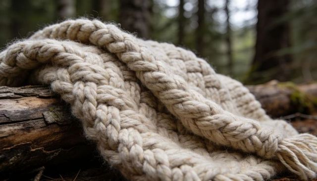 Chunky cable-knit wool blanket draped on fallen log in mossy forest, cozy rustic texture
