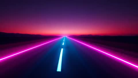Neon highway stretching to glowing dusk horizon with cyan centerline and magenta rails