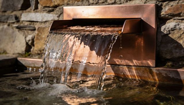Copper spout pouring shimmering waterfall into courtyard basin reflecting warm sunlight