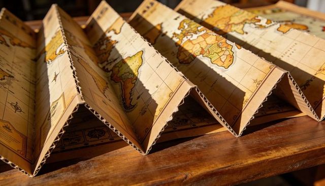 Accordion-folded antique world map on corrugated cardboard with warm sunlight and shadows
