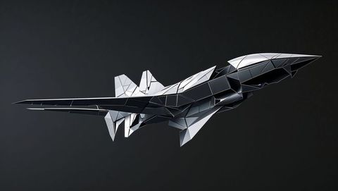 A sleek, futuristic aircraft design featuring geometric facets and metallic highlights, ideal for use in technological art exhibitions, digital wallpapers, or publications focusing on advanced aerodynamics and design concepts. Its abstract quality and modern aesthetics make it suitable for discussions on future technologies and AI-inspired creations.