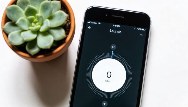 Smartphone showing launch timer dial at zero with succulent pot on white desk flatlay