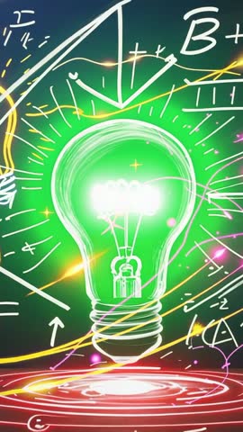 Glowing Green Light Bulb Igniting Chalkboard Equations with Swirling Energy Vertical Video