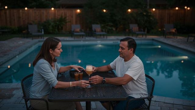 Couple enjoying evening drinks at backyard poolside table with string lights and ambience