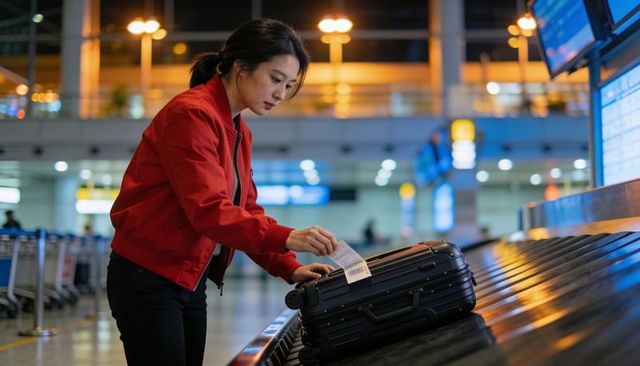 Asian woman checking baggage claim tag on black suitcase airport carousel travel scene