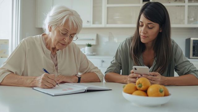 Senior woman and adult caregiver planning at kitchen counter using smartphone and notebook
