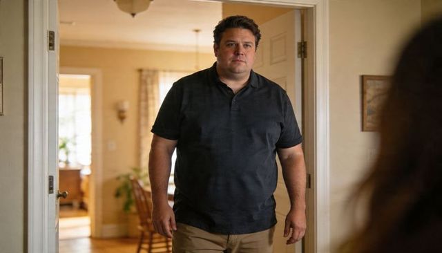 Man standing in doorway looking thoughtful casual polo living room entrance domestic scene