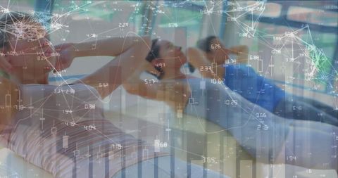 Digital fitness journey: exercisers with futuristic data overlay