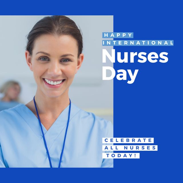 This vibrant visual features a cheerful Caucasian female nurse in blue scrubs celebrating International Nurses Day. Ideal for healthcare communications, nurse appreciation events, and social media posts highlighting gratitude towards nurses and medical teams. Perfect for promoting healthcare services, celebrating medical professionals, and honoring nurse contributions.