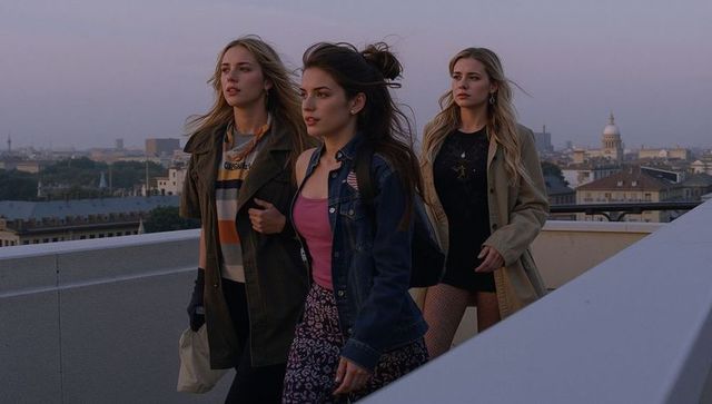 Three young women walking on rooftop at sunset over historic city skyline, urban lifestyle
