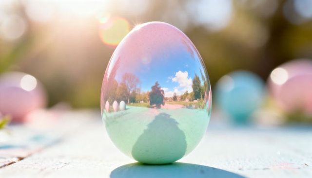 Reflective pastel egg reflecting garden sky and silhouette with soft bokeh sunflare