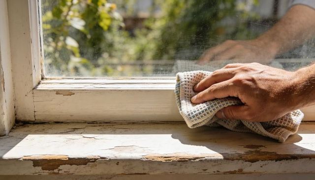 Wiping peeling wooden window sill with waffle cloth in warm sunlight