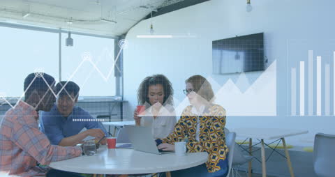 Diverse Team Analyzing Data with Financial Graphs Overlay