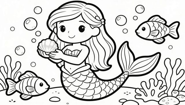 Cute mermaid holding pearl shell in underwater reef coloring page with fish and bubbles